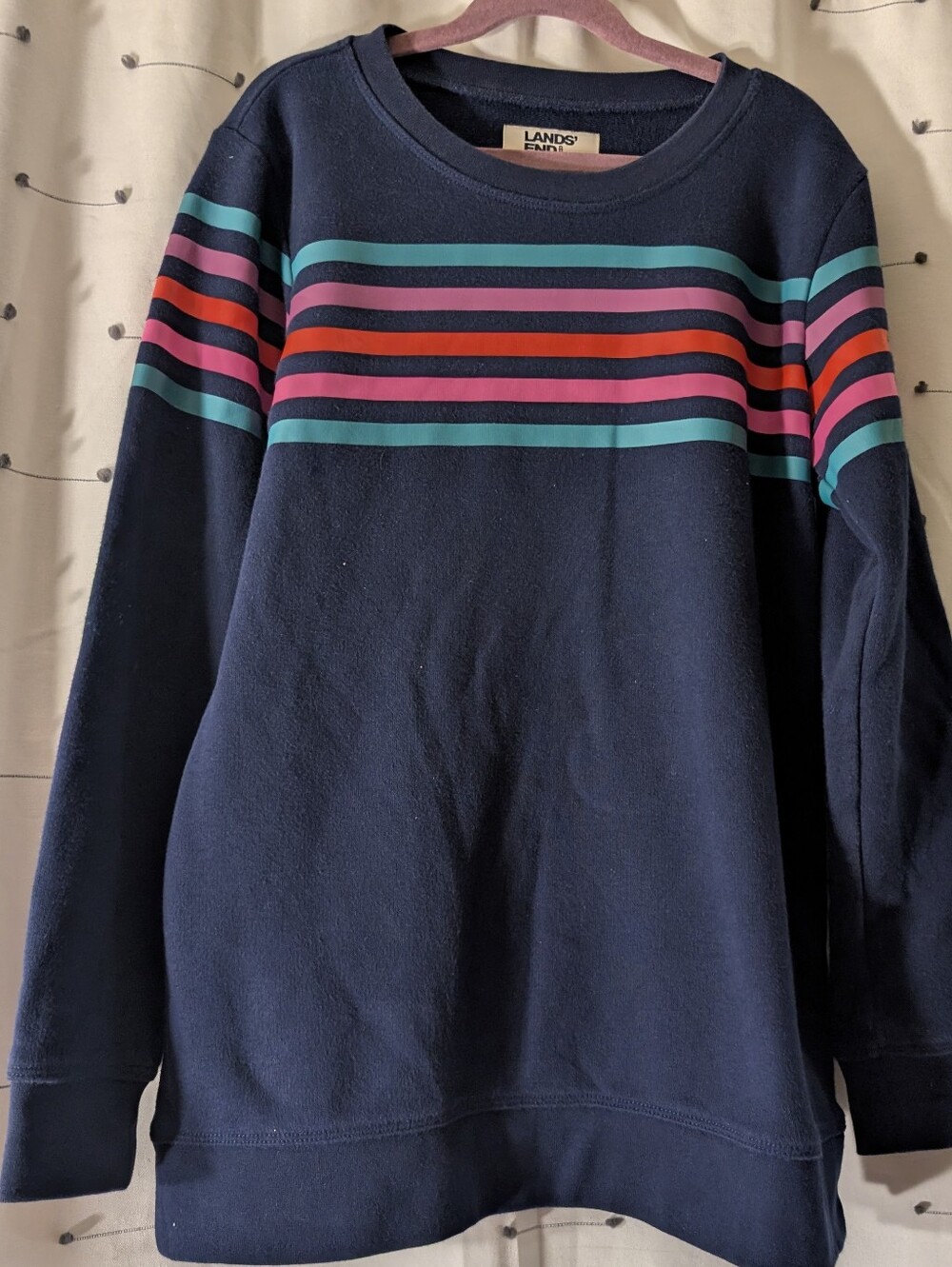 Lands' End Women's Navy Serious Sweats Shirt w/stripes Excellent Condition S/XS